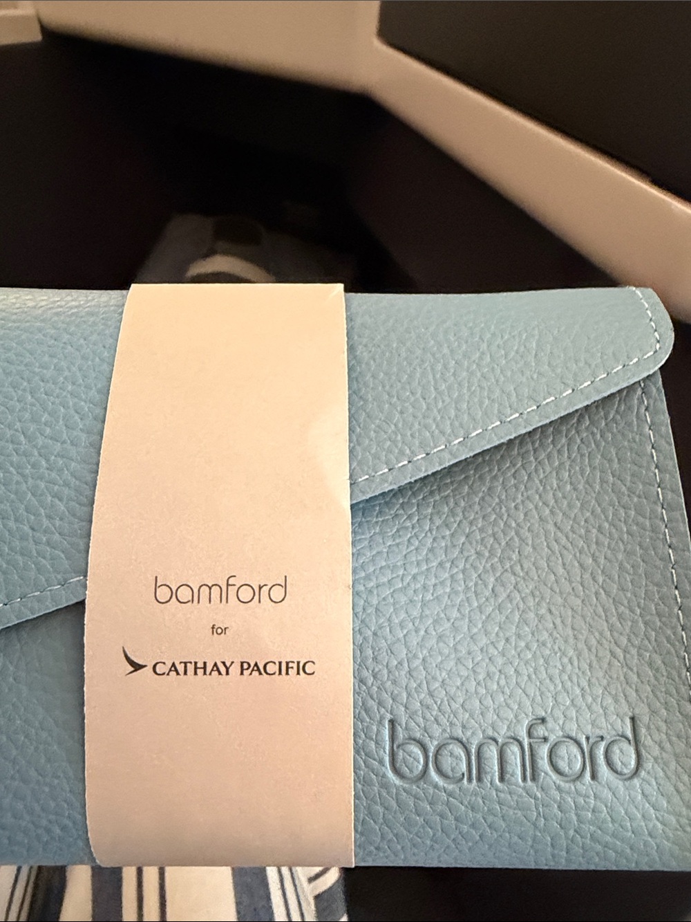NWT Bomford Cathay Pacific travel amenities package. light blue and cream